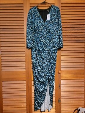 Blue Leaf-Print Maxi Dress with Ruched Front